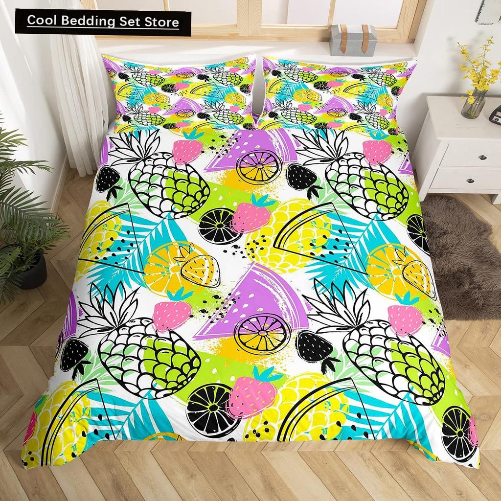 Cartoon Fruit King Queen Duvet Cover Summer Tropical Fruit Bedding Set for Boy Girl Banana Pear Red 2/3pcs Polyester Quilt Cover
