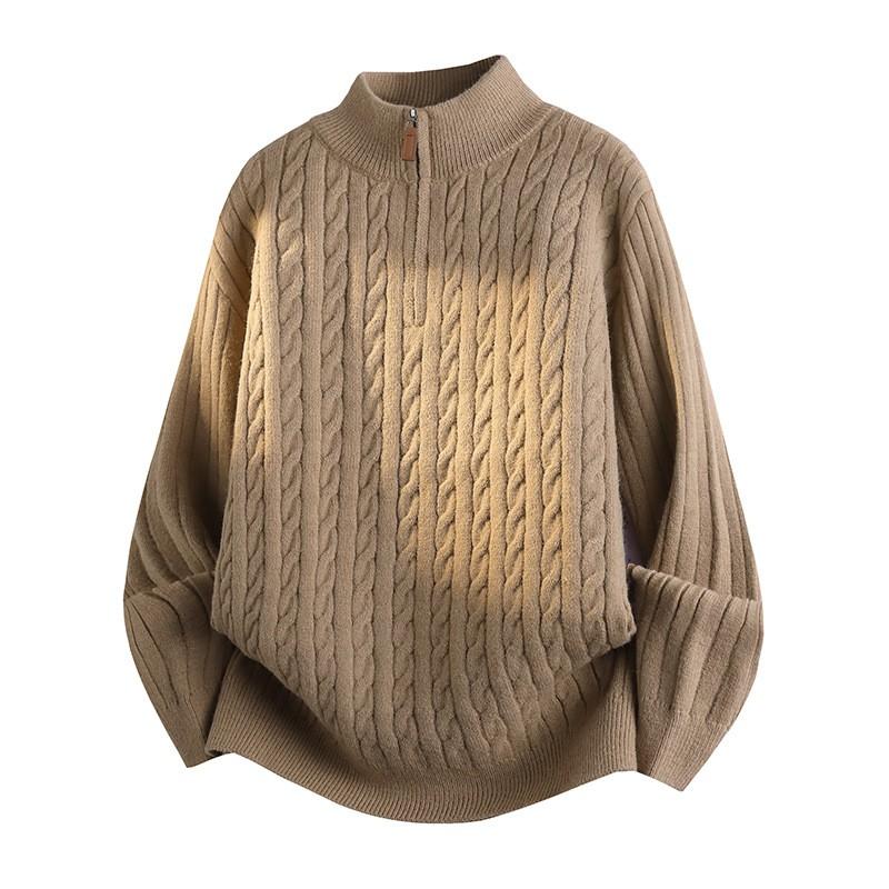 Mens Retro Cable Knit Half Turtleneck Sweater Thick Warm Zipper Front Casual Loose Fit Winter Knitwear