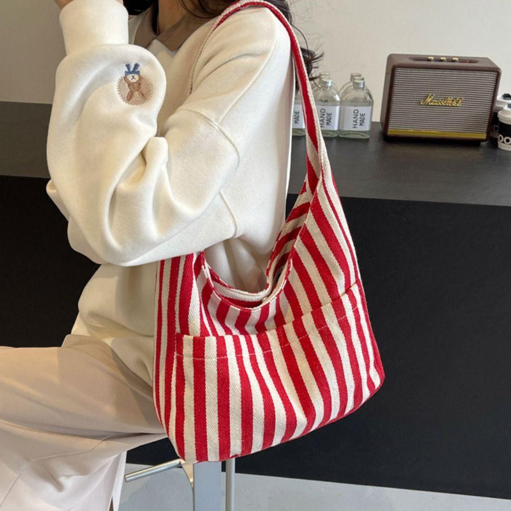 Retro Magnetic Snap Vertical Stripe Bag Daily Vintage Commute Handbag Canvas Shoulder Bag  Girls