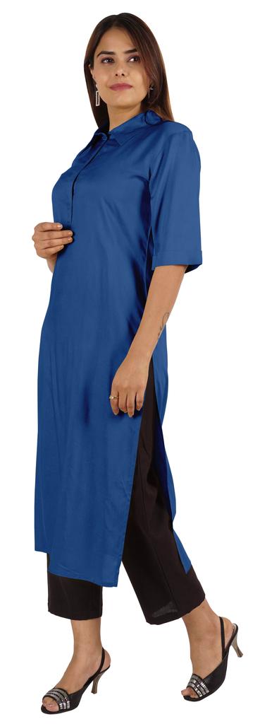 Moomaya Womens Solid Collar Kurti Rayon Elbow Sleeve Ethnic Kurta Indian