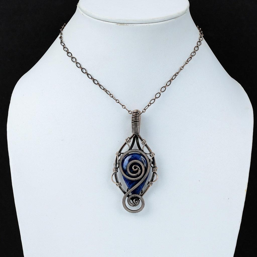 Драгоценный камень содалит, чистая медная проволока, обернутая подвеской ручной работы, ювелирное изделие, подарок для нее