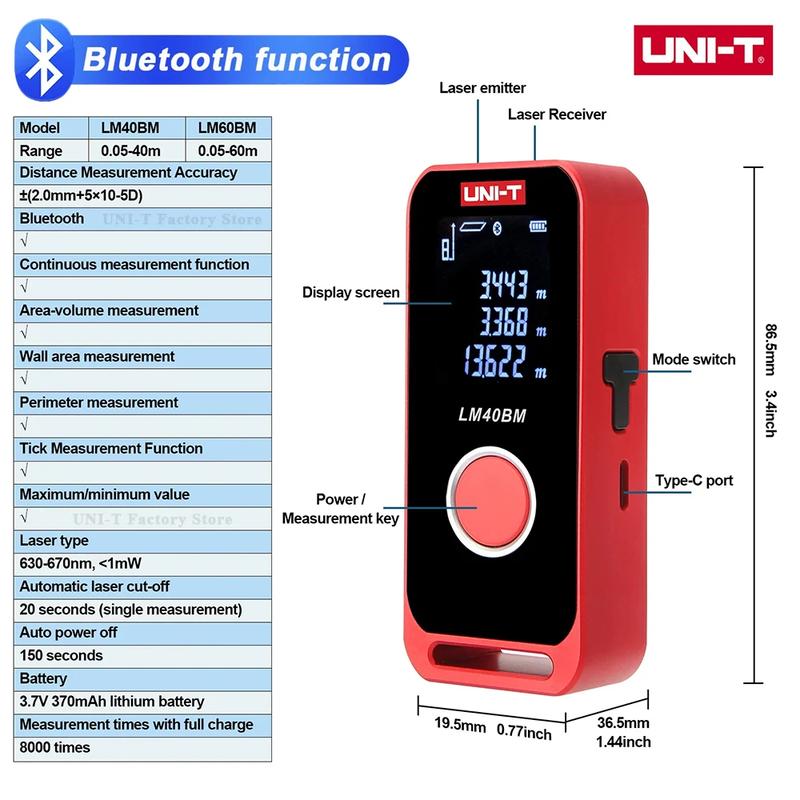 UNI-T LM40BM LM60BM Rechargeable Bluetooth Mini Laser Distance Meters; 40m/60m Range Digital Scale