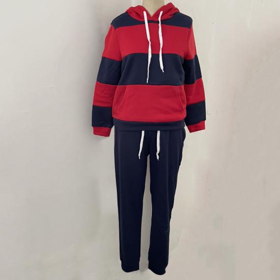 2 Pcs/Set Women Hoodie Pants Set Elastic Waist Striped Color Matching Hooded Long Sleeves Warm Drawstring Plus