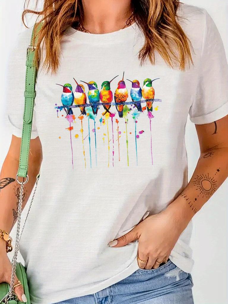 Яркая футболка с принтом колибри в акварельном стиле, свободного кроя, повседневная, с коротким рукавом и круглым вырезом для женщин, женская одежда