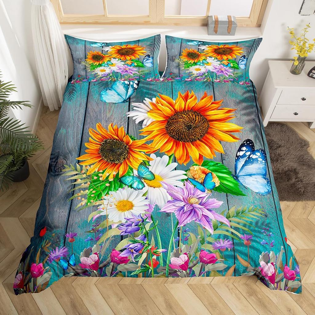 Rustic Farmhouse Bedding Sets Queen Country Butterfly Sunflower Duvet Cover Retro Barn Door Comforter Cover Cabin Lodge Bed Set