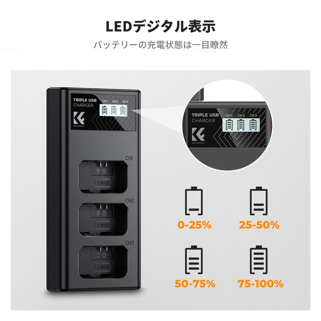 CONCEPT Camera Charger with Battery Level Compatible with Sony Camera Battery USB Charger K&F NP-FW50 Charger, 3-Slot Display, Charger, Type-C