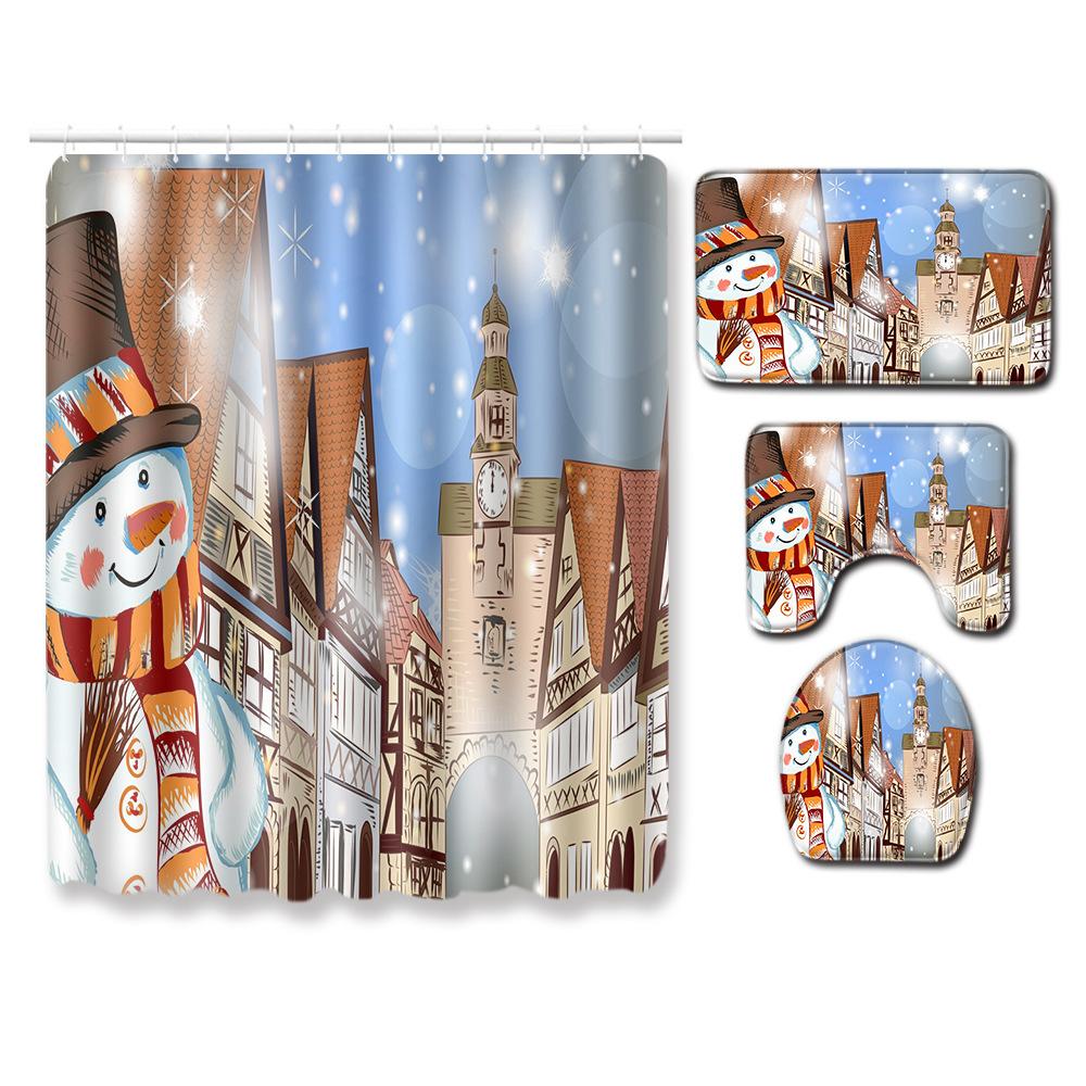 Christmas Shower Curtain Floor Mat Combination Four-Piece Set Bathroom Toilet Carpet Shower Room Mat Foot Mat