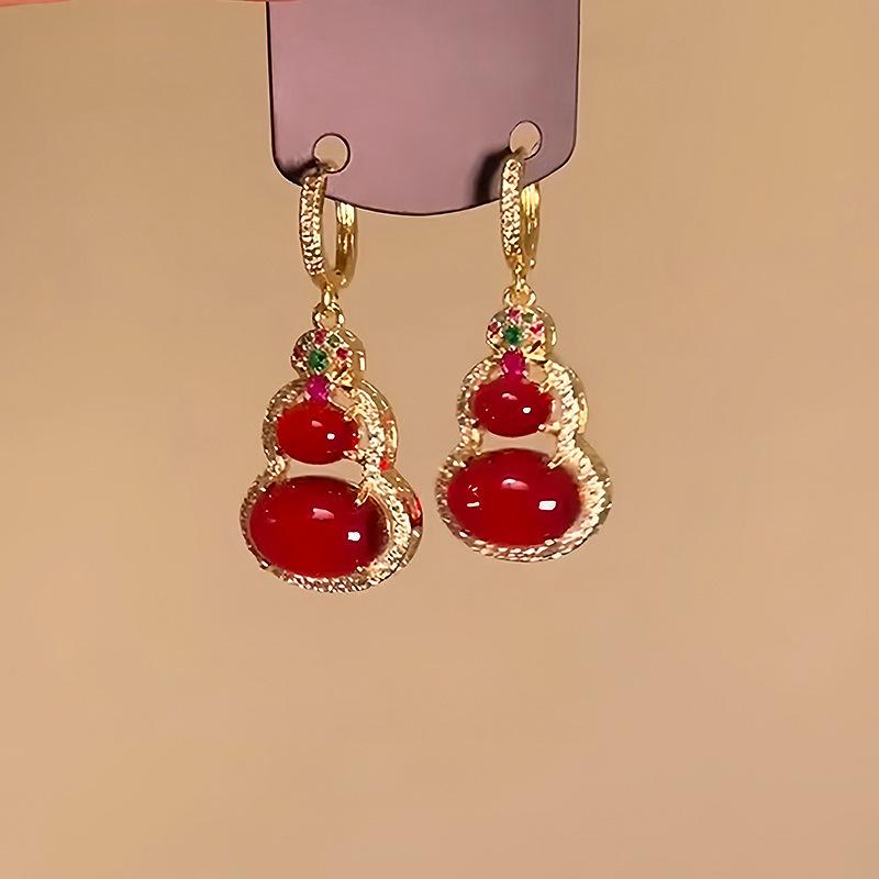 Real gold electroplated zircon gourd pendant ear buckle new versatile earrings light luxury high-end earrings women