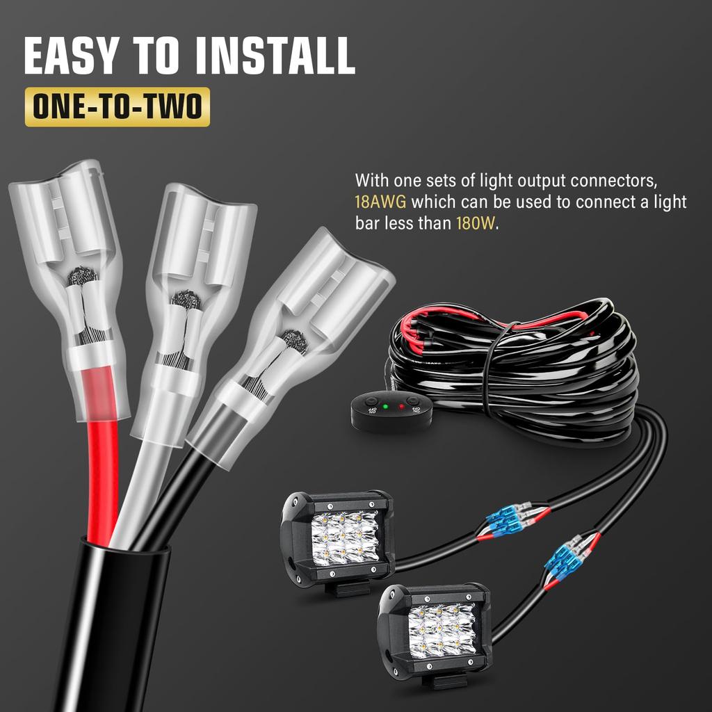 RIGIDON LED Light Bar Wire Harness Kit 18AWG On-Off Switch Power Relay