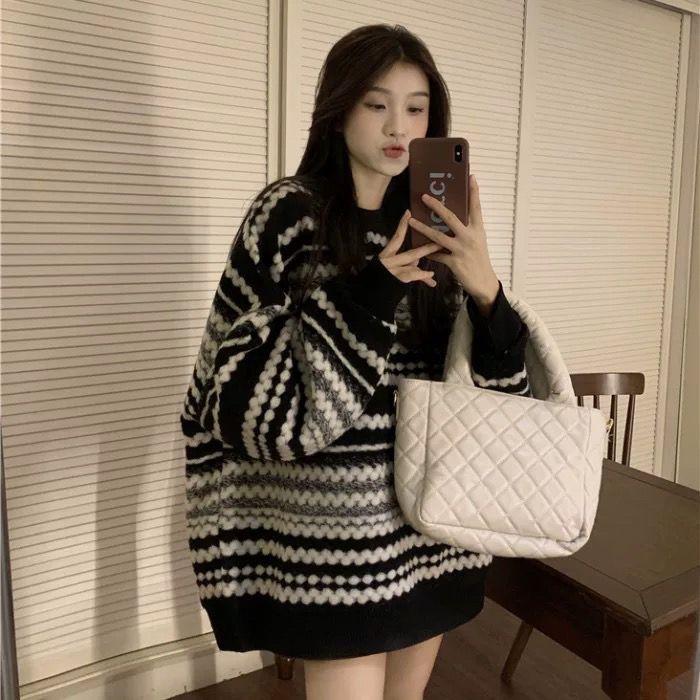 Pullover Stripe Pullover Sweater Women Autumn and Winter New Loose Outwear Oversize Slouchy Top Medium Long Winter Sweater