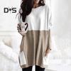 Women Tops Round Neck Long Sleeve Color Block Pullover Tops with Pockets Loose Fit Mid-length Shirt Daily Wear