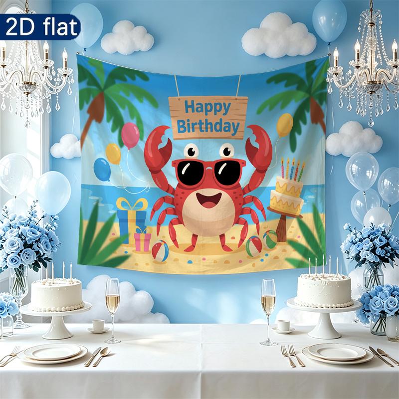 Crab Birthday Party Banner, Polyester Backdrop for Home Room Wall Decor and Photo Props