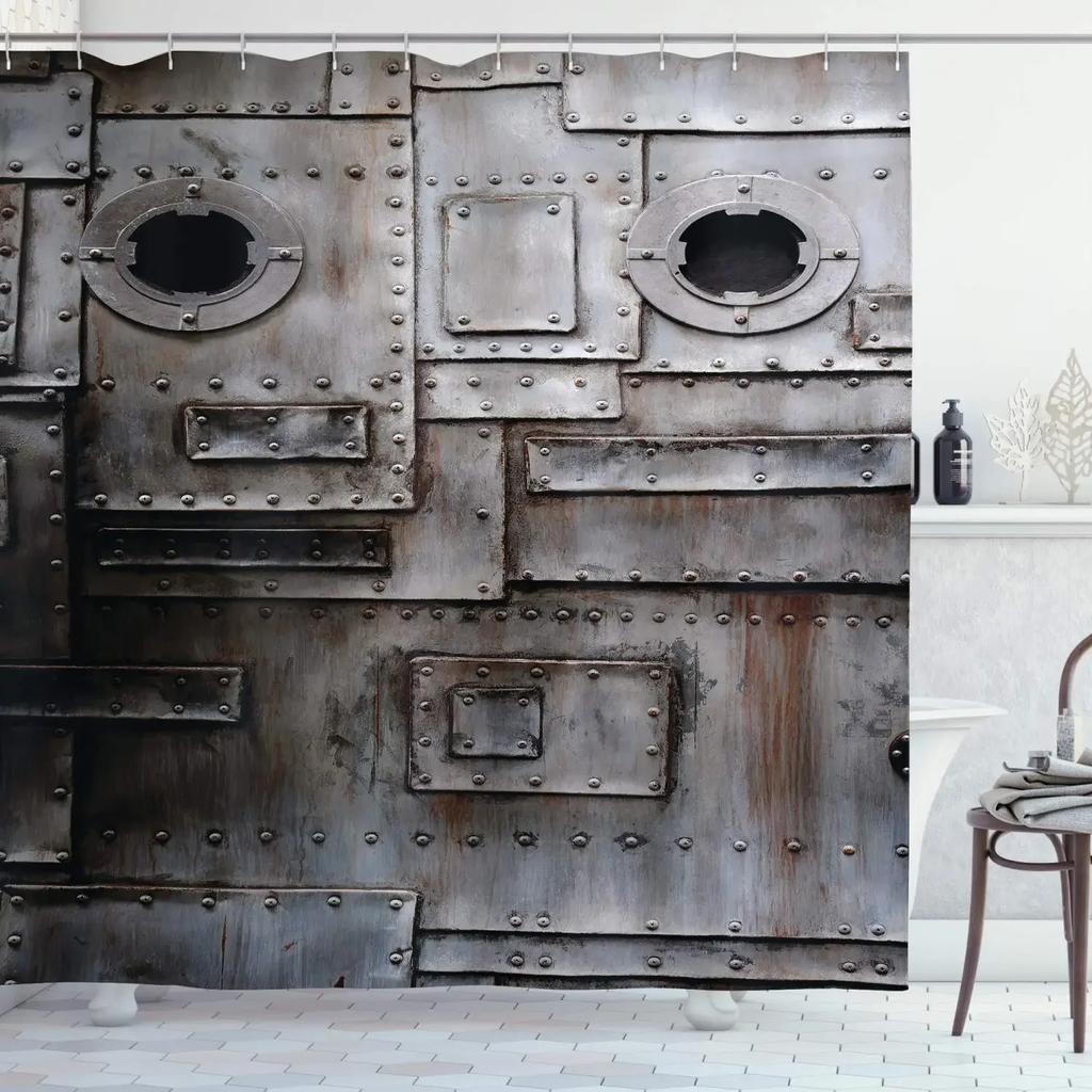 Retro Steampunk Clocks And Gears Shower Curtain Mechanical Clocks Details Over Old Metal Cloth Fabric Bathroom Curtain Set,Hooks