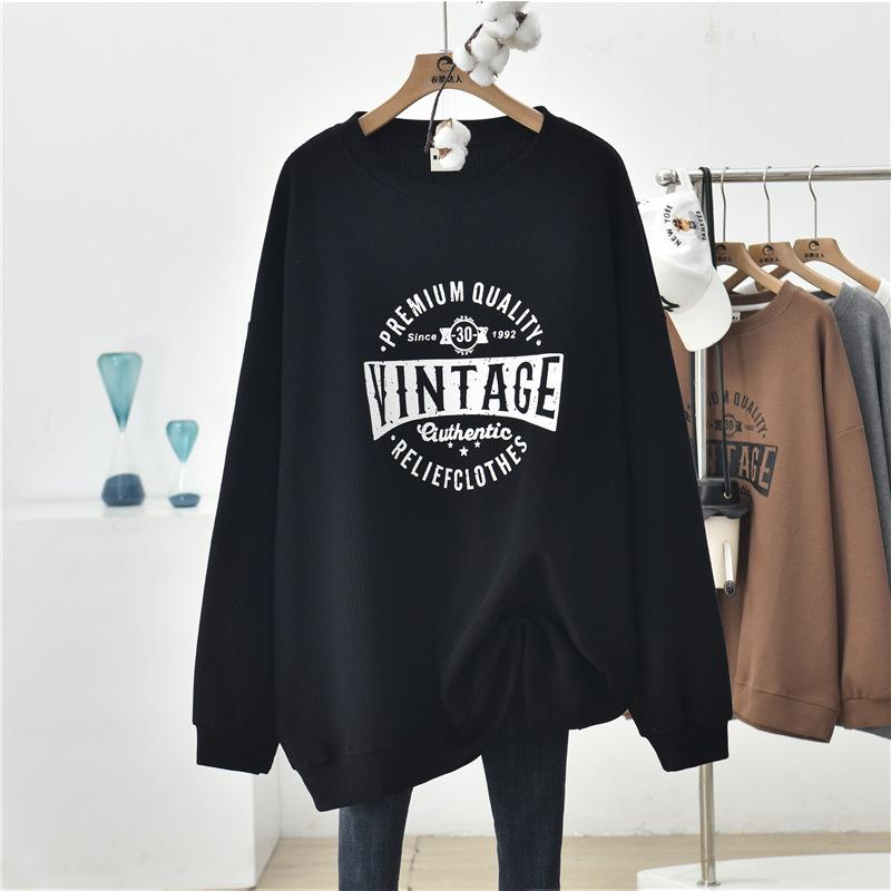 Вафельная женская толстовка с длинным рукавом, свободный повседневный пуловер больших размеров