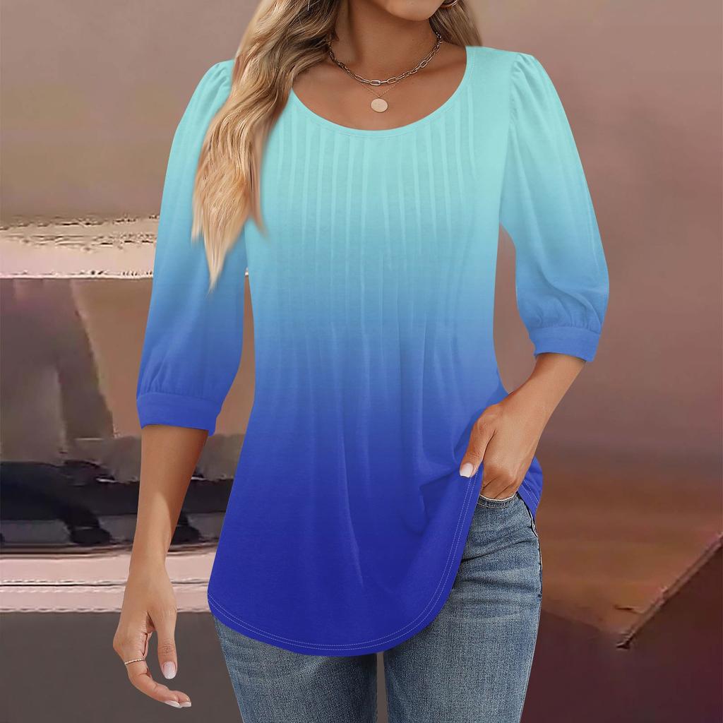 Женские туники с пышными рукавами 3/4, топы, плиссированные блузки с воротником, повседневные свободные весенне-летние футболки