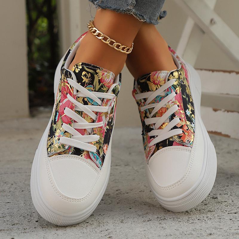 fashion Pu Leather Printed Flat Sneakers for Women 2024 Plus Size Fashion Lightweight Walking Shoes Woman Lace Up Non Slip Casual Shoes