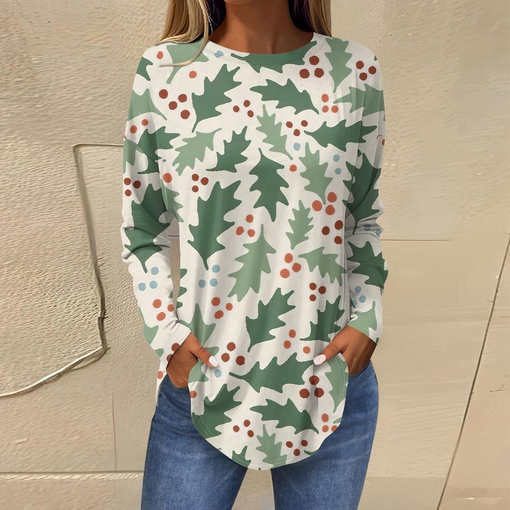 Футболки для женщин, осенние повседневные рубашки с длинными рукавами, толстовка с ретро-принтом, топ для рождественской вечеринки, пуловер