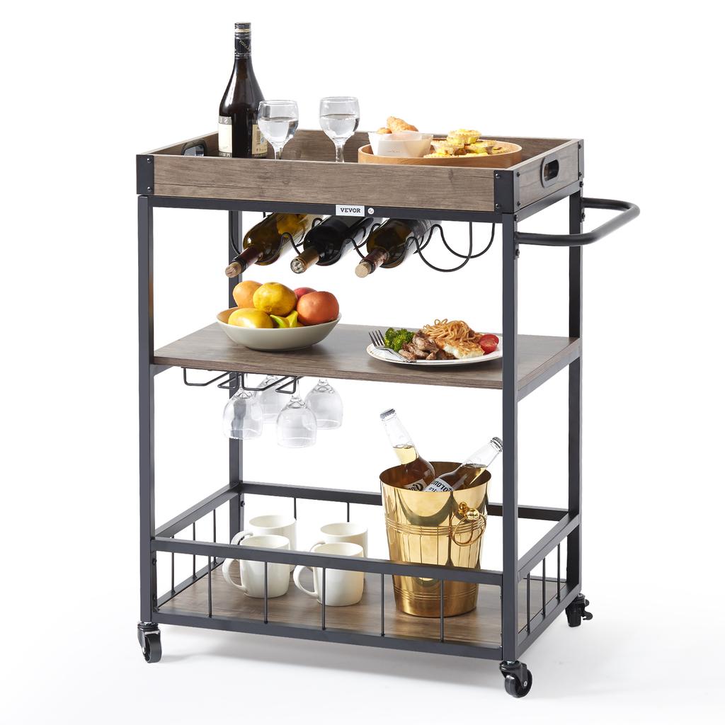 VEVOR 3-Tier Bar Wine Rack Cart Kitchen Food Truck On Wheels Vintage Mobile Serving Trolley w/MDF Board Steel Frame 110/300lbs