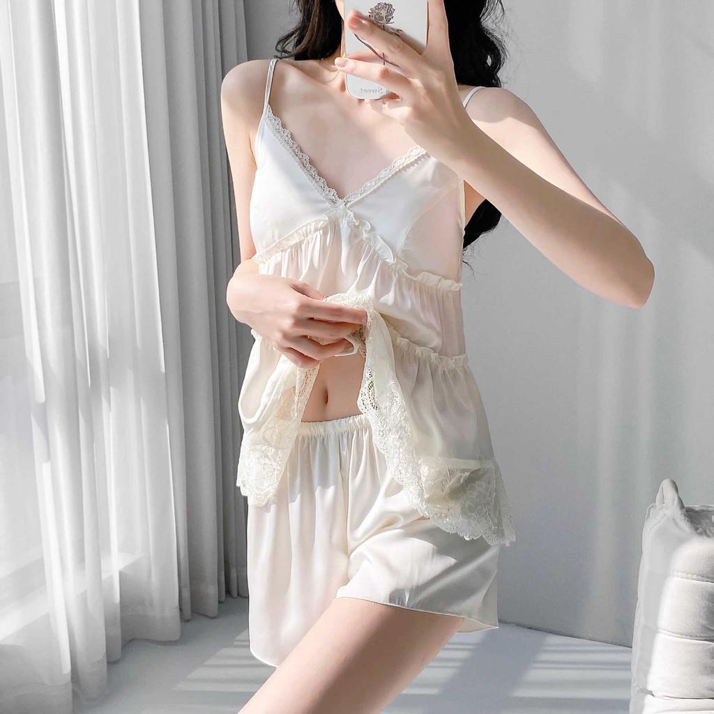 Summer girl pure desire suspender shorts loungewear set ice silk pajamas women's sexy pajamas three-piece set