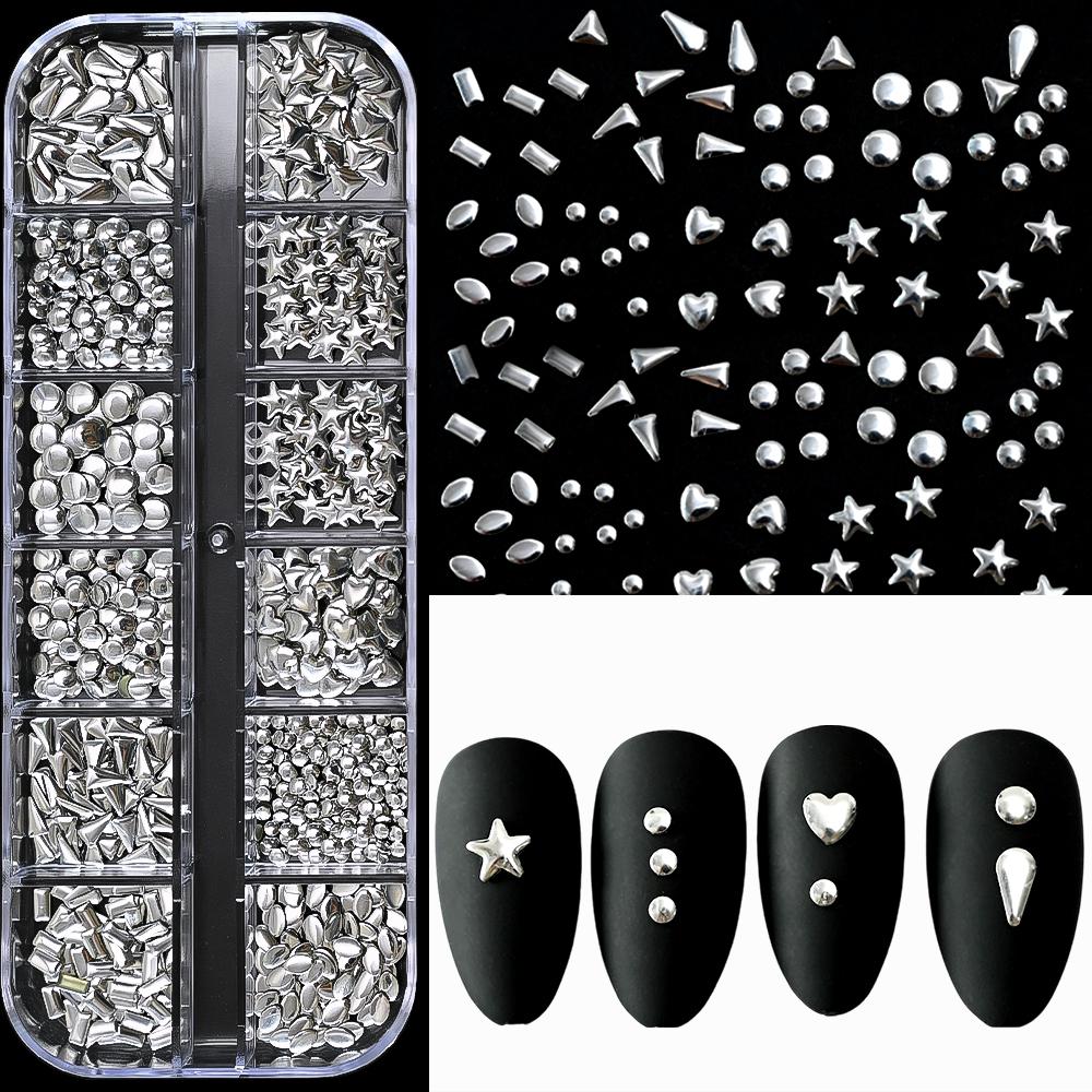 12Grid/box Золотые Серебряные Полукруглые Бусины Икры Подвески для ногтей 1/2/3/5 мм Плоские Круглые Стальные Бусины для ногтей Микро Шарики Маникюрные Бусины