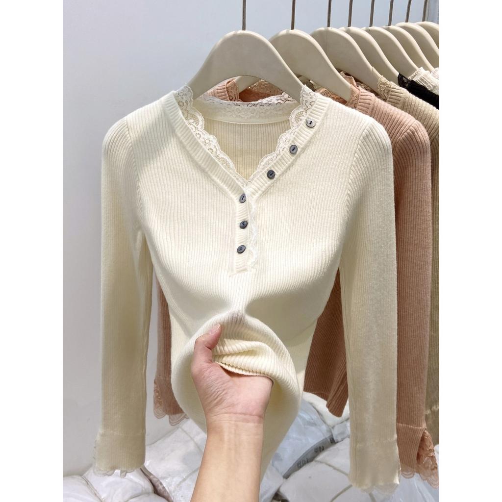 Button v-neck lace splicing knitted sweater women's autumn and winter slim-fitting and thin inner top bottoming shirt