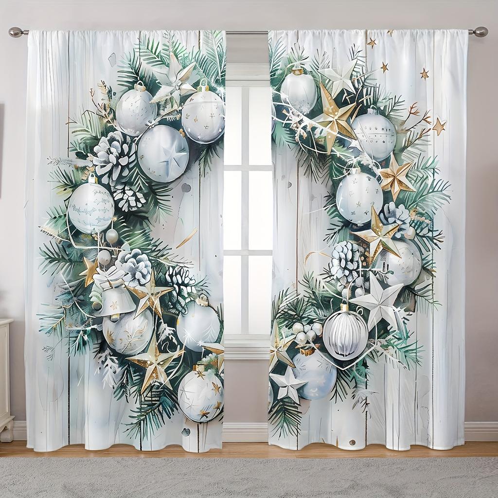 2 Elegant Classic Art Christmas Tree and Snowflake Design Rod Pocket Curtains for Home Decor In Living Room and Bedroom Window