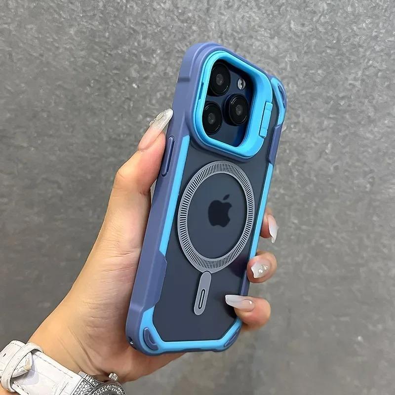 Luxury Contrast Color Armour Magnetic Phone Case For 17 16 15 14 13 12 Pro Max 11 Folding Lens Holder For Magsafe Cover