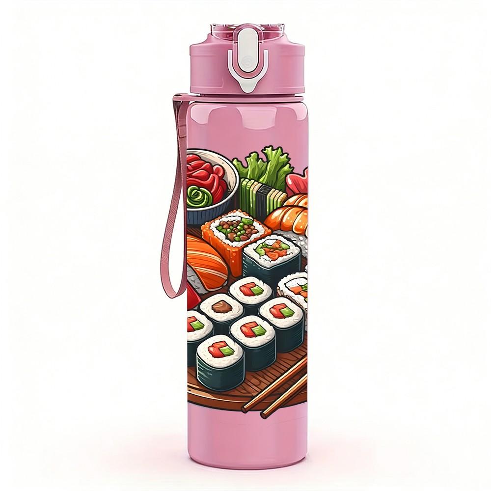 1PC Fresh Sushi Seafood Food Art Print 750ml Color Plastic Sports Water Bottle Leakproof Flip Straw Lid Suitable for Sports Office Home Use