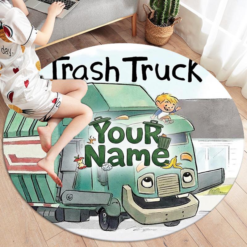 Trash Truck Adventure Custom Name Round Area Rug Carpet Rug For Living Room Bedroom Sofa Playroom Decor Nonslip Floor Mat