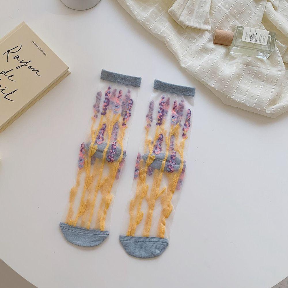 Ultra-thin Transparent Korean Summer Crystal Silk Socks Mesh Middle Tube Socks Women's Socks Floral Hosiery Flower Socks