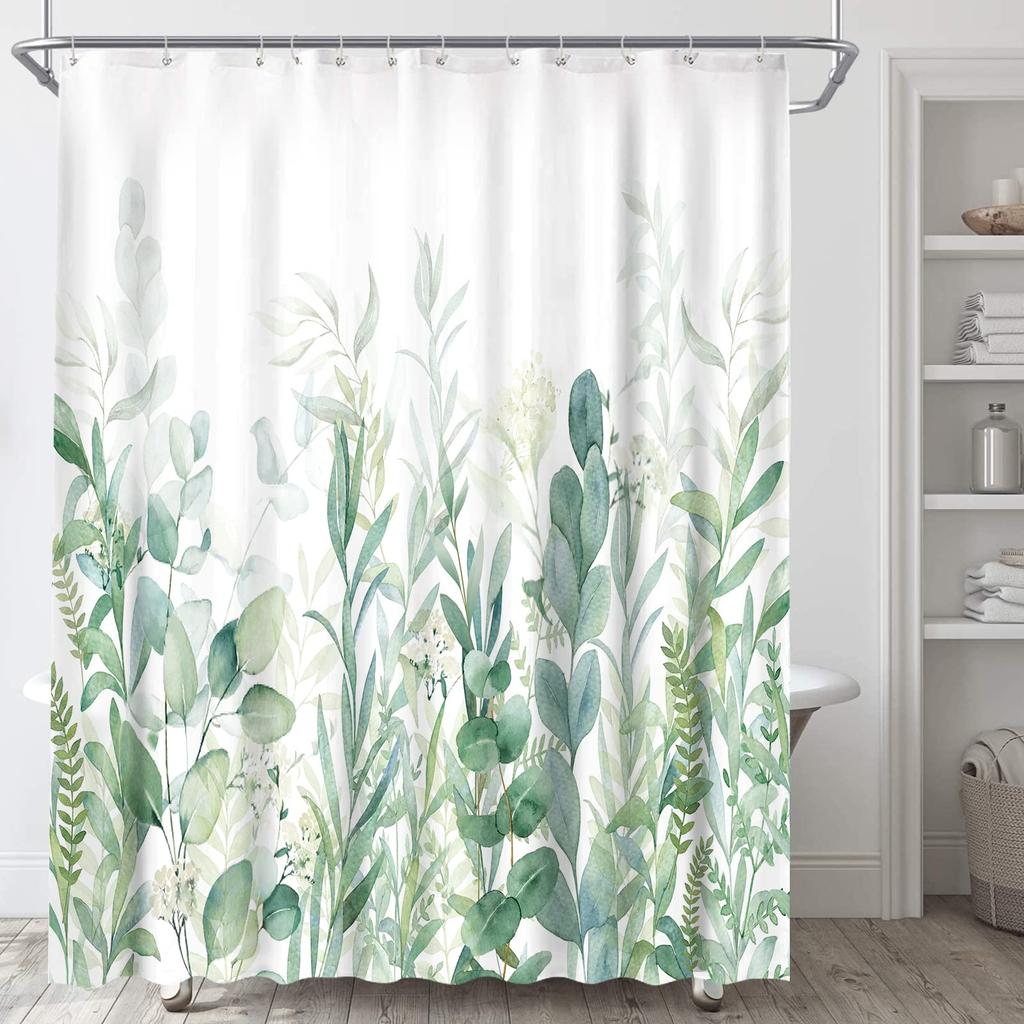 Tropical Green Leaves Plant On White Background Odorless Shower Curtains for Bathroom Showers and Bathtubs Decor with Hooks