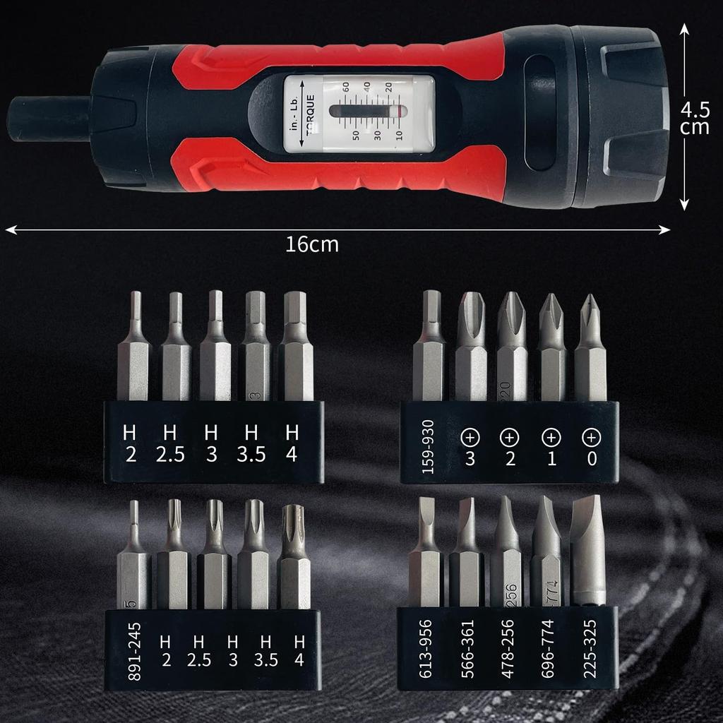 Socpuro Preset Torque Nm Set of Driver Torque Overtorque Wrench, 6.35mm Drive, 1-7 (0-65 In.lbs), 20-Piece Bits, Setting, Prevention, Auto-Lock