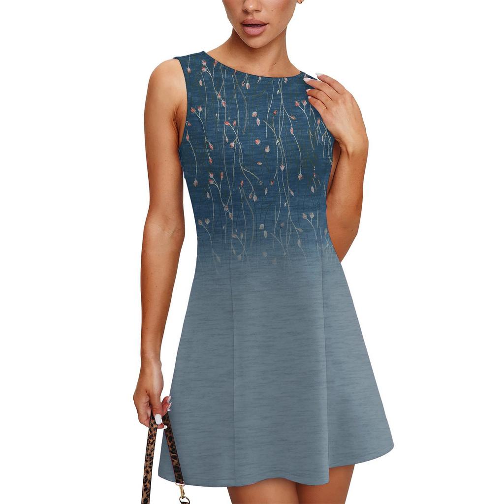 Women's Summer Dress Casual Sleeveless Round Neck Classical Leaf Print Vest Sundress