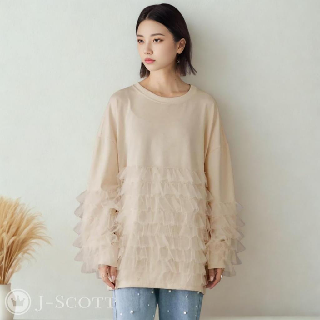 Женский пуловер J-Scott с тюлевыми оборками, длиной туники, с круглым вырезом, объемными рукавами, цвета слоновой кости (JS158-IV-S) - Ограниченный запас