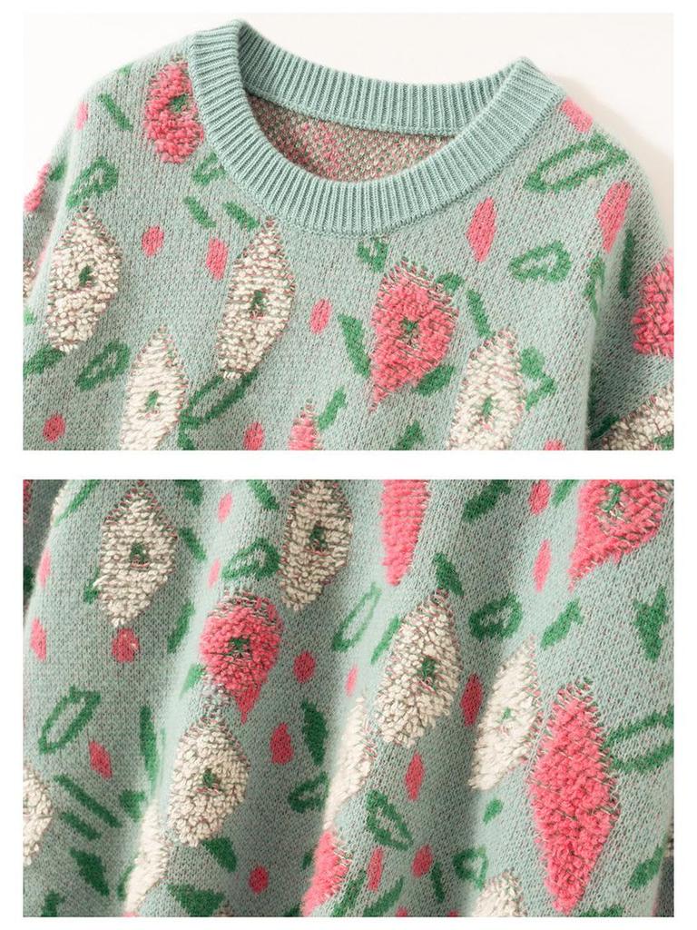 Кашемировый жаккардовый свитер с персиковым цветом, плотный начес, круглый вырез, свободный крой, толстая шерсть.