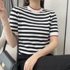 Crew Neck Knitted Striped Short-sleeved Summer New Age-reducing Meat Cover Loose Versatile Half-sleeved Bottoming Shirt Top