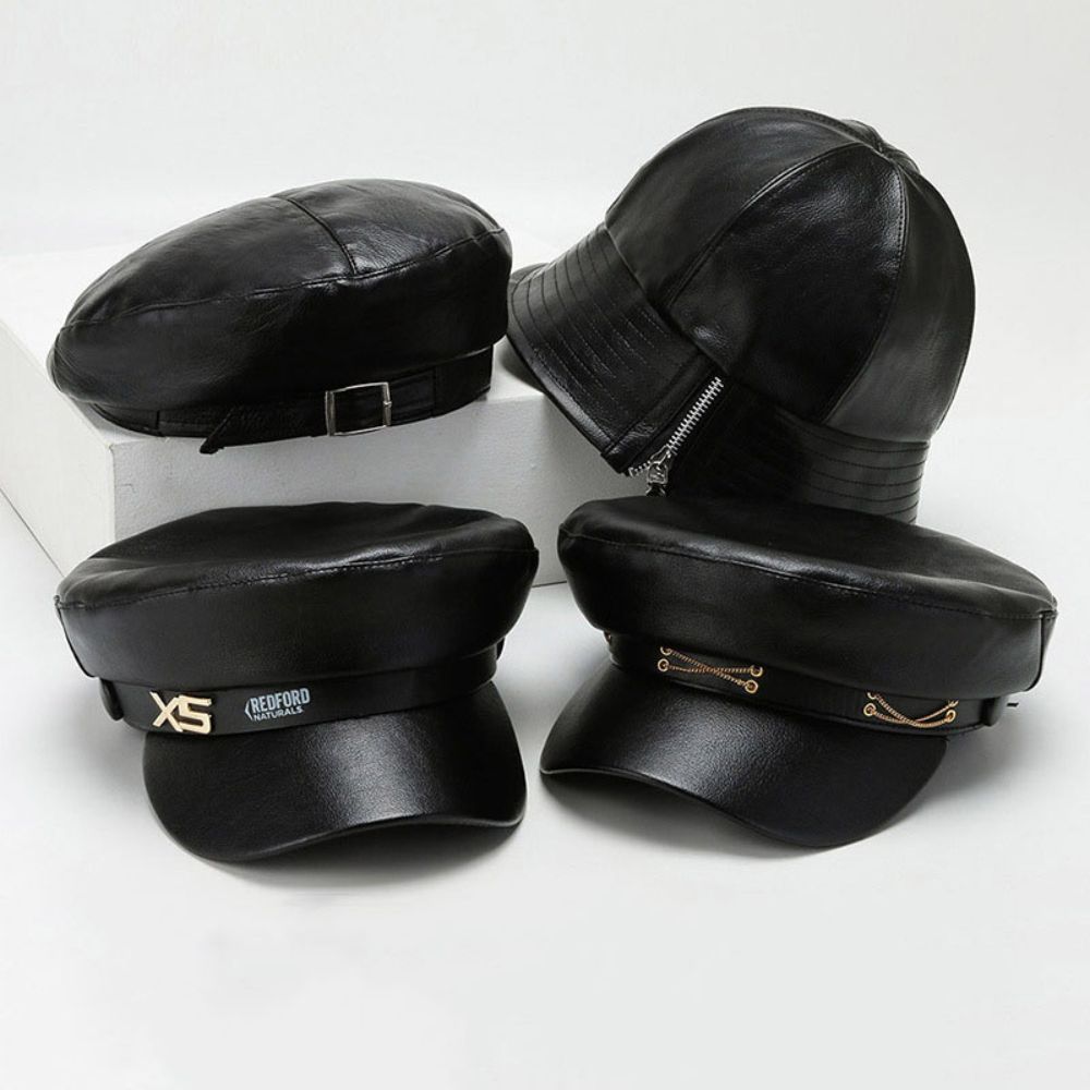 Black Color Beret Hat PU Leather Octagonal Cap Classic Newsboy Cap Unisex Design