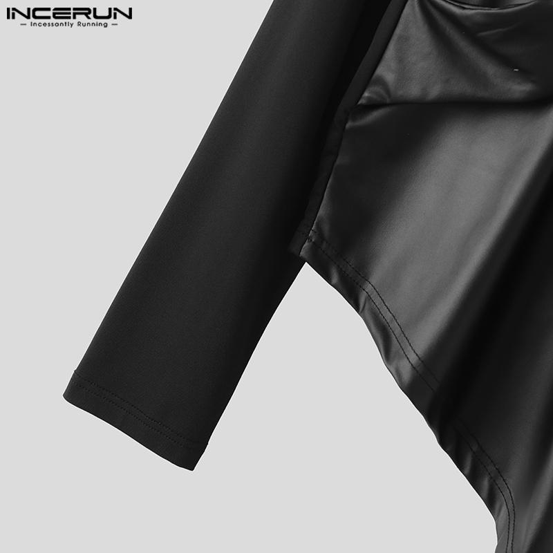 INCERUN Мужские топы из искусственной кожи с высоким вырезом и длинными рукавами спереди и сзади в стиле пэчворк