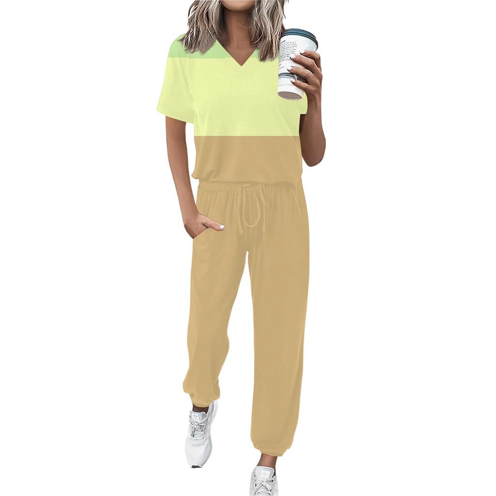 Женский спортивный костюм с V-образным вырезом и коротким рукавом, свободные брюки