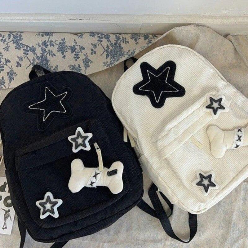 Aesthetic Backpack Stars Pattern Preppy Rucksack College Student Computer Backpack Corduroy Bookbag for Girl CLE