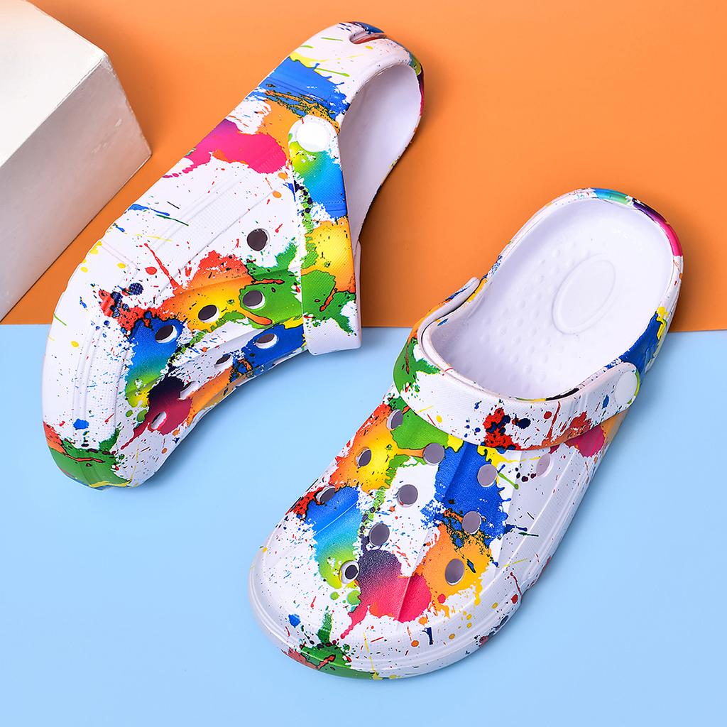 Summer Men's & Women's Sandals Tie-Dye Pattern Clogs Slip On Lightweight Two-Way Wear Garden Clogs Non-Slip Beach Slides
