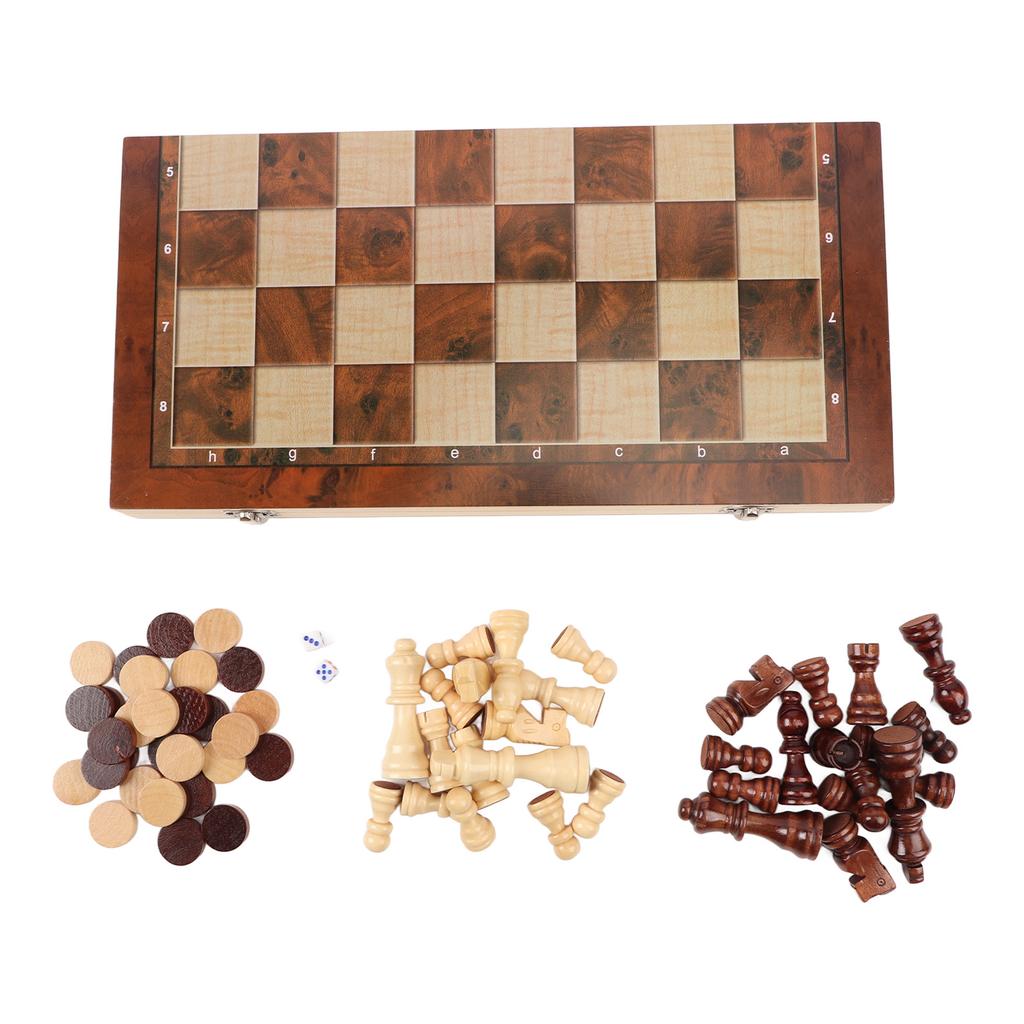 3 In 1 Wooden Chess Checkers Set Portable Chess Checkers Game Set with Wooden Folding Board for