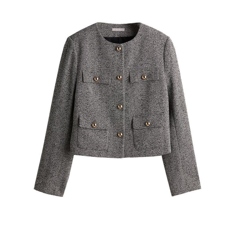 Winter New Women's Clothing French Classic Style Round Neck Long Sleeves Single-Breasted Texture Woven Outwear 1241437