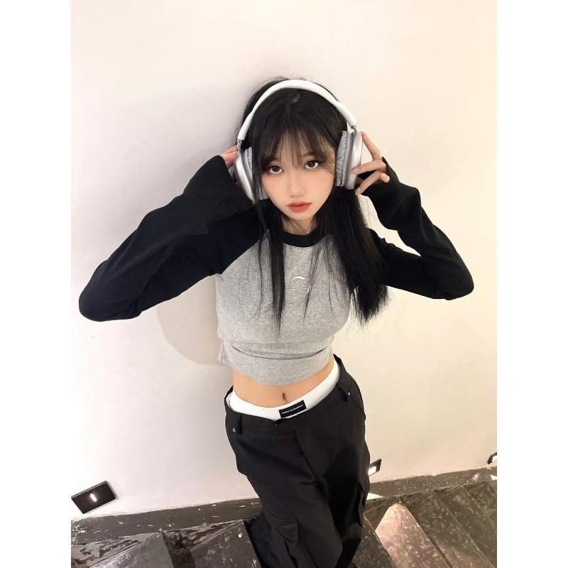 Y2k винтажный укороченный топ с длинными рукавами, женские корейские модные футболки в стиле Харадзюку Kpop, эстетические футболки с графикой, лоскутные осенние