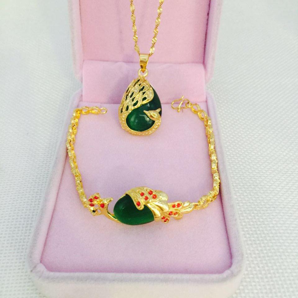 Европейский позолоченный женский набор: колье и браслет с подвеской 'Кошачий глаз' и 'Павлин'