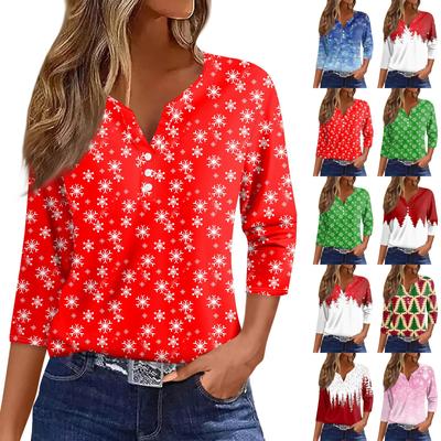 Женская футболка с рождественским принтом, на пуговицах, рукав 3/4, повседневная мода на выходные, базовый топ с V-образным вырезом