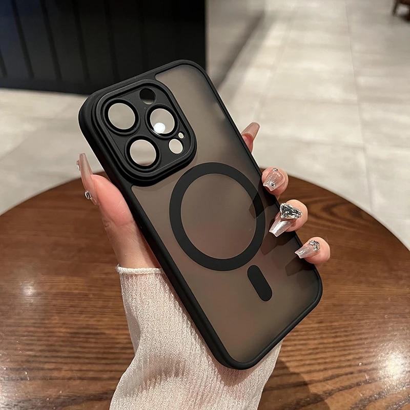 Luxury Strong Magnetic Wireless Charge Case For IPhone 14 13 12 15 Pro Max Plus Matte Frosting Magsafe Full Lens Protector Cover
