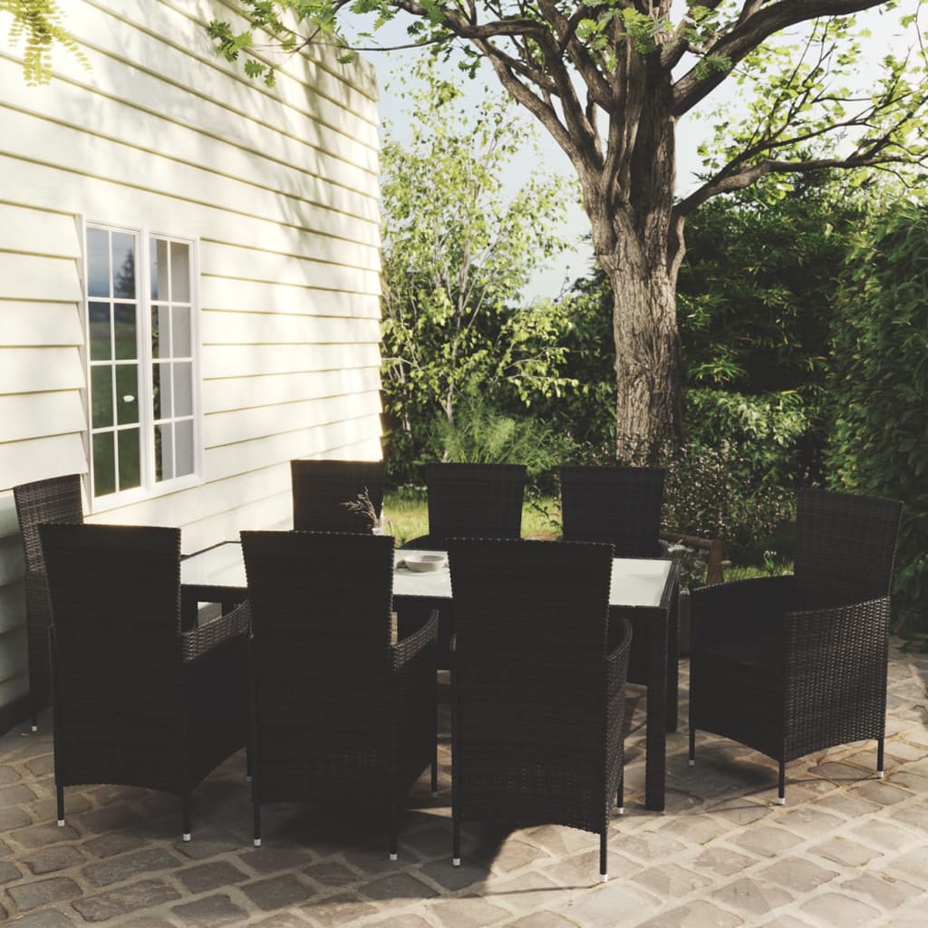 9 piece outdoor dining set with cushions poly rattan black