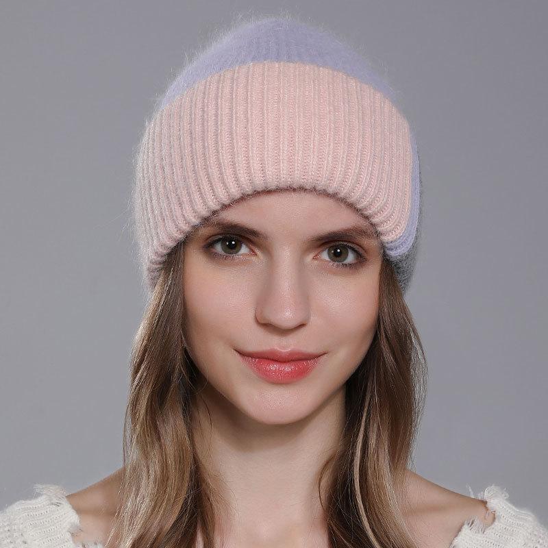 Женская вязаная шапка из кроличьей шерсти, зимняя теплая шерстяная шапка контрастного цвета, универсальный женский пуловер, шапка