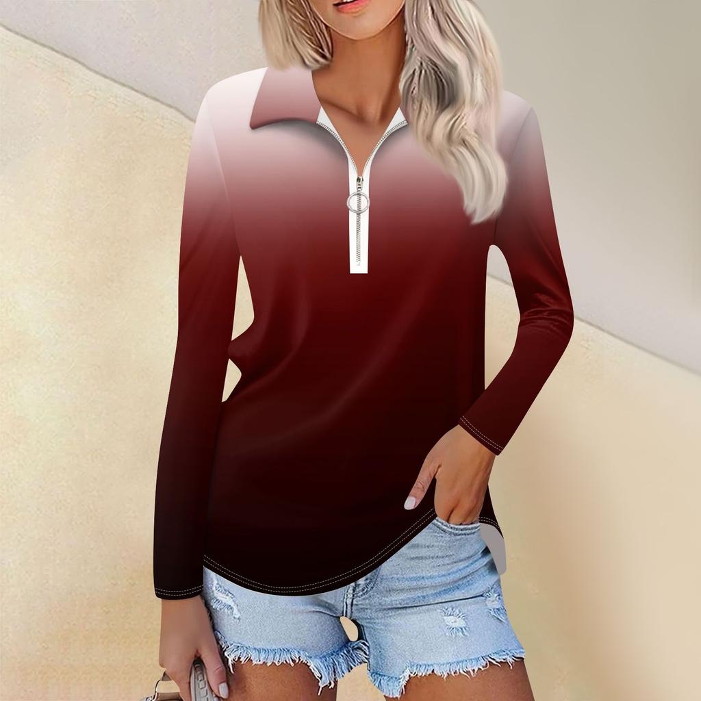Женская весенняя и модная повседневная рубашка с принтом на молнии с V-образным вырезом и длинным рукавом